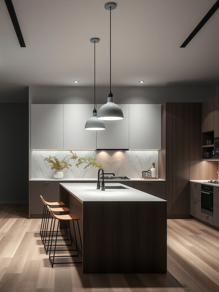 Modern kitchen with grey and white decor featuring contemporary pendant lighting over the island.