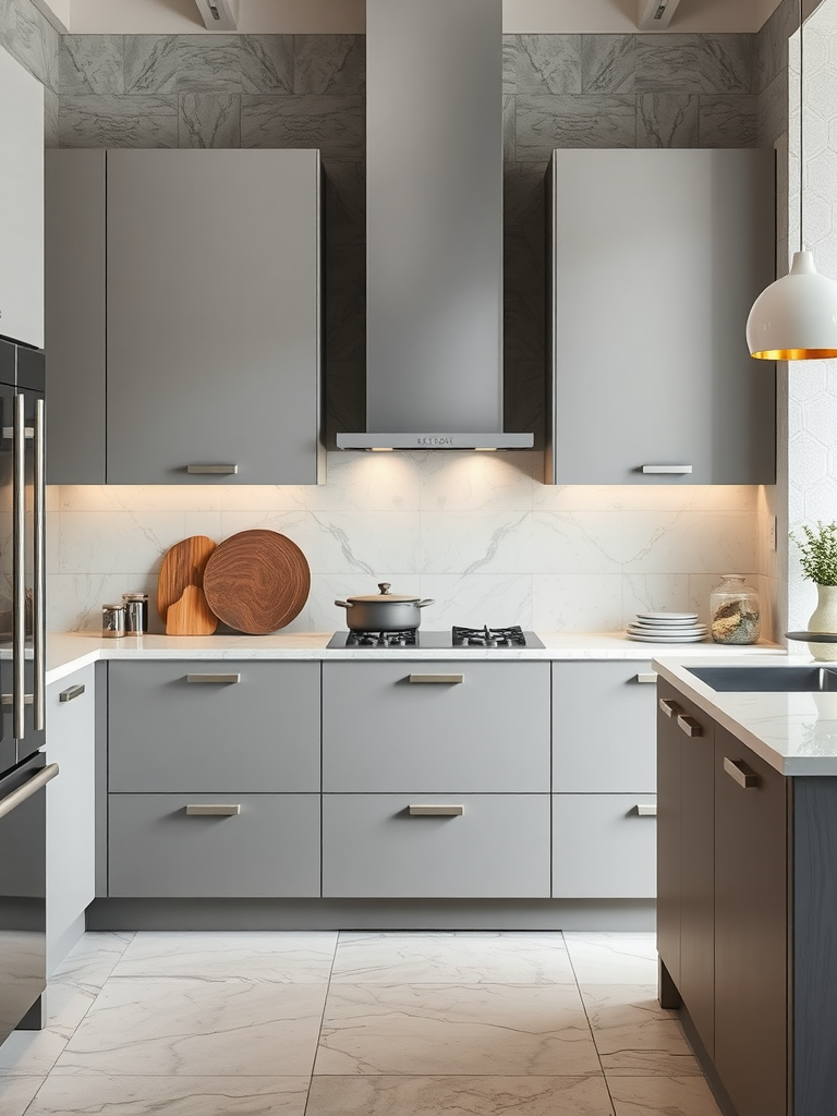 Modern kitchen with dark grey cabinets and white countertops