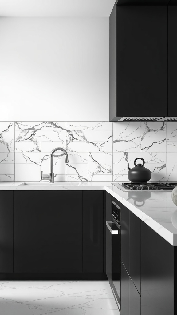 Modern black and white kitchen with a marble backsplash and sleek cabinetry.