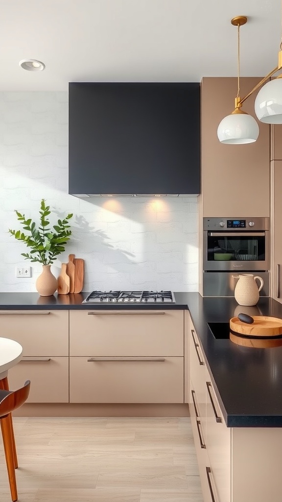 Modern kitchen with beige cabinets and dark countertops