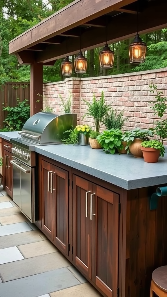 A wooden tray filled with fresh herbs on a marble countertop in an outdoor kitchen