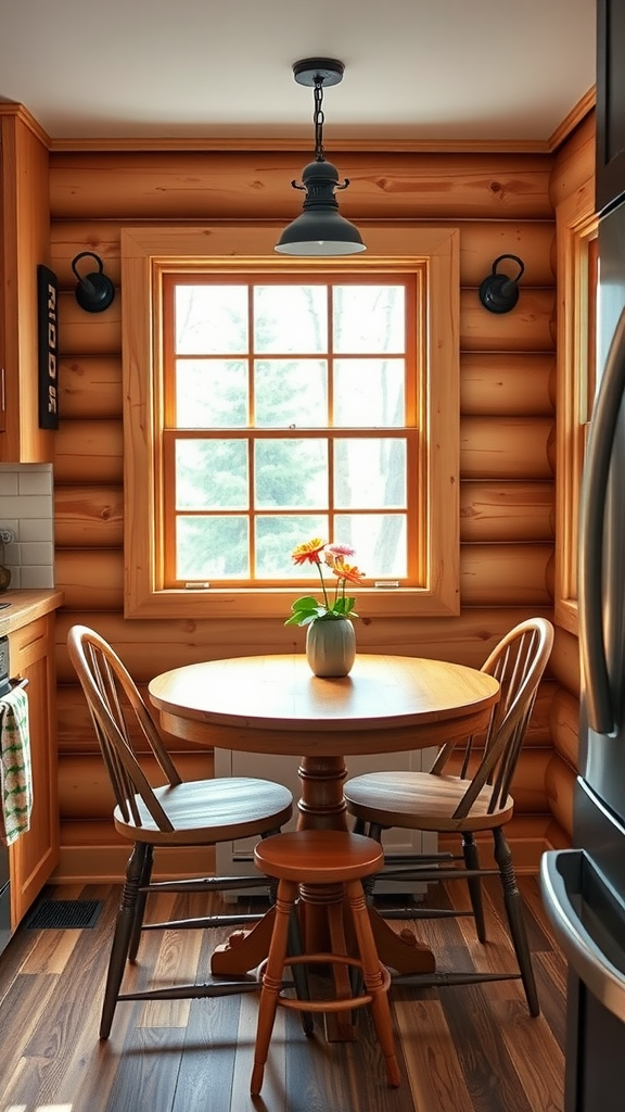 Cozy breakfast nook in a log cabin kitchen with a round table, wooden chairs, and a window