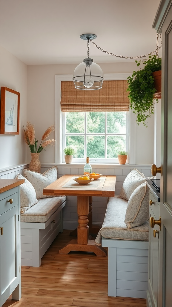 Cozy breakfast nook with wooden table, soft cushions, and natural light