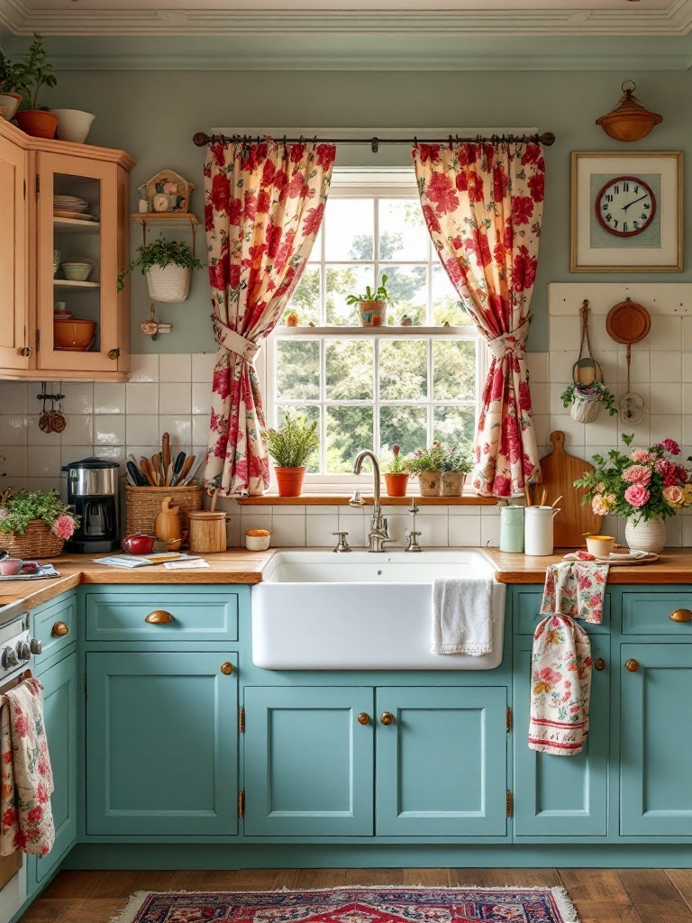 A cozy cottage-style kitchen featuring blue cabinets, floral curtains, and potted plants.