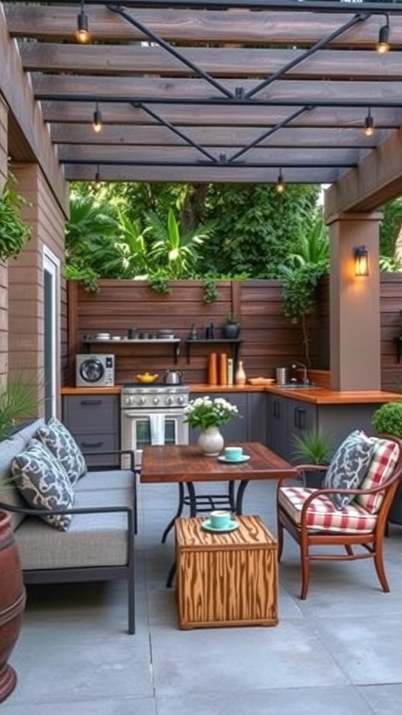 A cozy outdoor kitchen with a dining nook featuring gray sofas, a wooden table, and a well-equipped kitchen area.