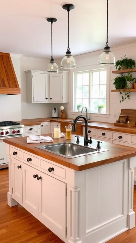 Cozy farmhouse kitchen island with a built-in sink and natural wood top