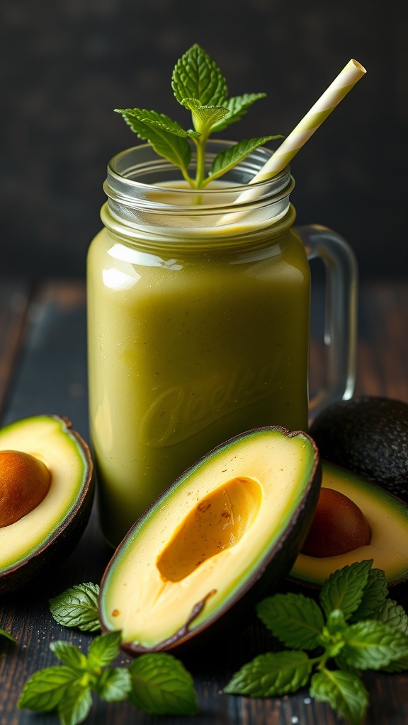 A creamy avocado smoothie in a mason jar with mint leaves and avocado halves.