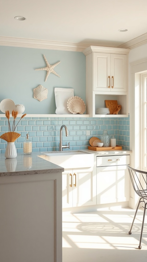 A bright kitchen featuring light blue backsplash tiles, white cabinets, and coastal decor.