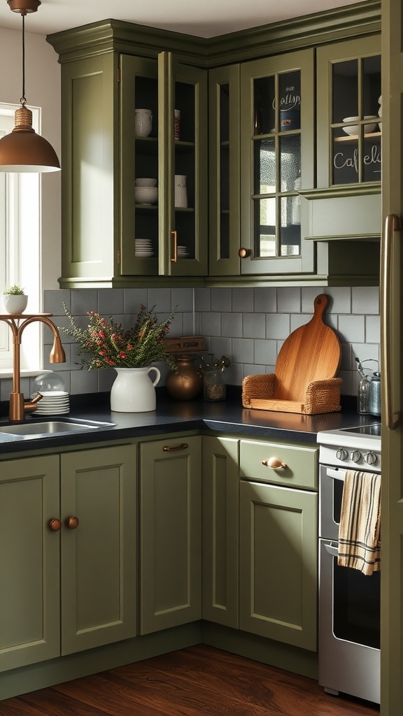 Cozy kitchen with olive green cabinets and black countertops