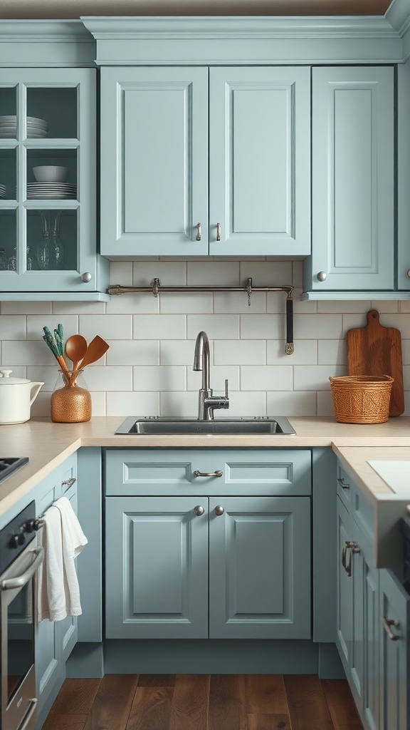 A kitchen with light blue cabinets, white subway tiles, and wooden accents.