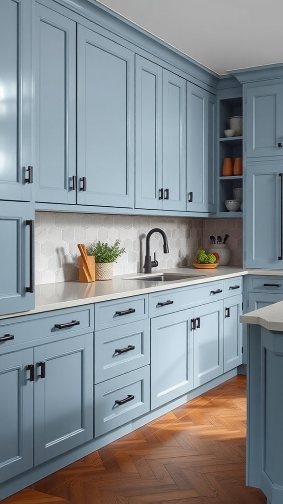 A light blue kitchen with dark hardware, showcasing cabinets and a modern faucet.