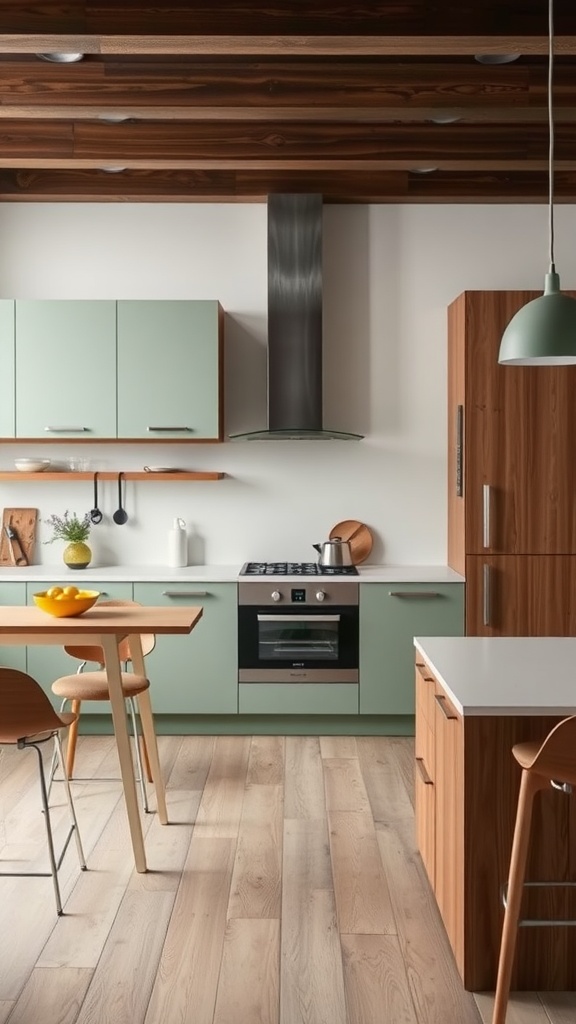 Modern kitchen featuring sage green cabinets and dark wood accents