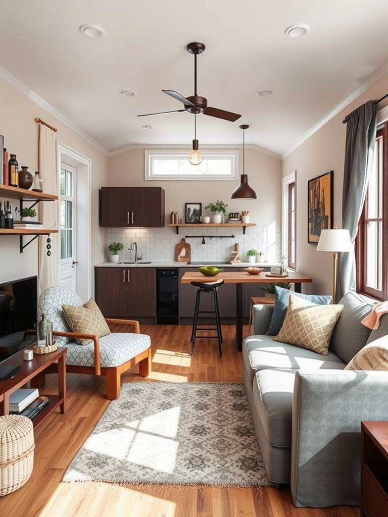 Cozy small open concept kitchen living room with light curtains, plants, and comfortable seating.