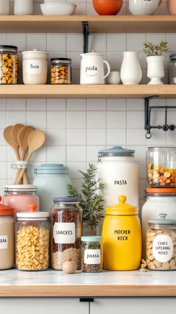 A variety of colorful storage jars on kitchen shelves, labeled with different ingredients.