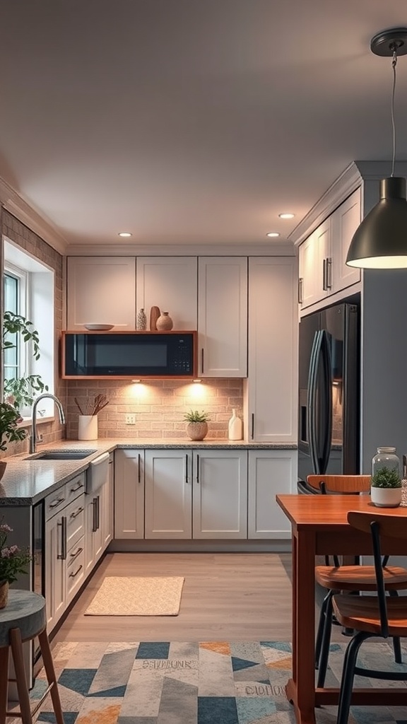 A modern kitchen with layered lighting, featuring a marble island and neutral color palette.