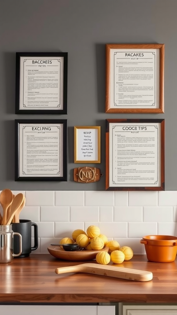 A collection of framed recipes displayed creatively on a kitchen wall.