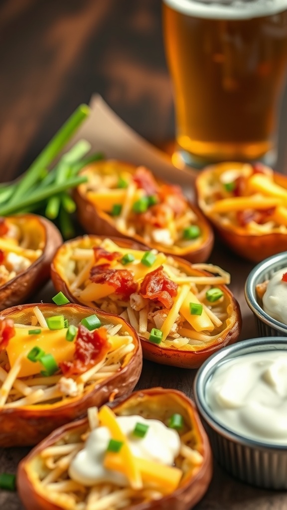 A plate of crispy baked potato skins topped with cheese, bacon, and green onions.