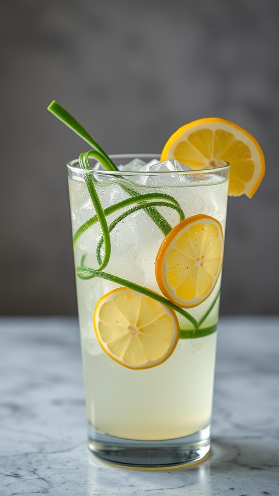 A refreshing glass of cucumber lemonade garnished with lemon slices and cucumber ribbons.