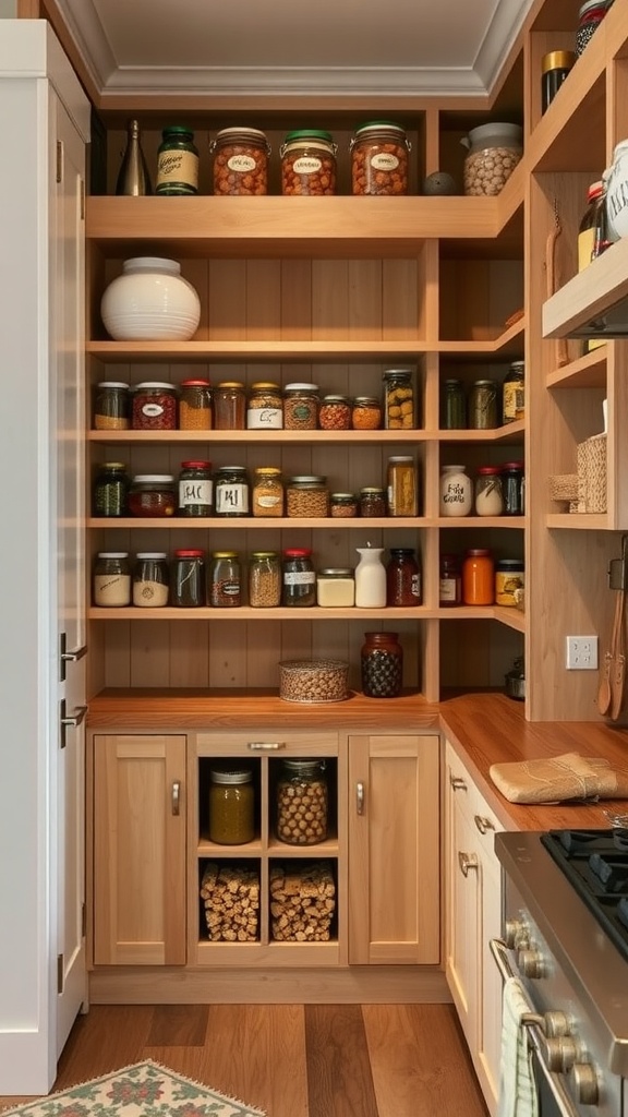 A cozy cottage style kitchen pantry with wooden shelves filled with jars and closed cabinets at the bottom.