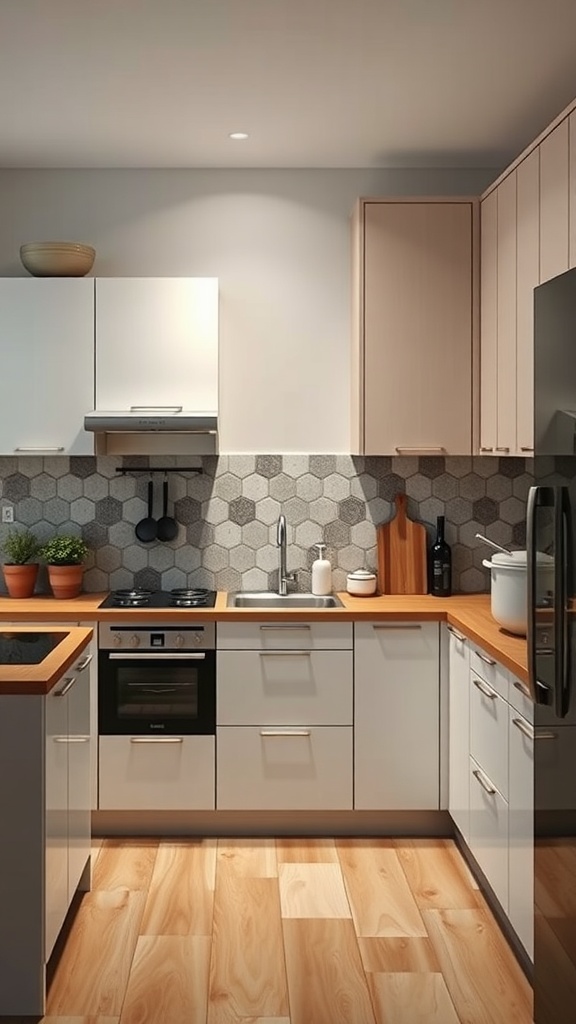 A modern kitchen with light colors, natural wood elements, and a hexagonal tile backsplash.