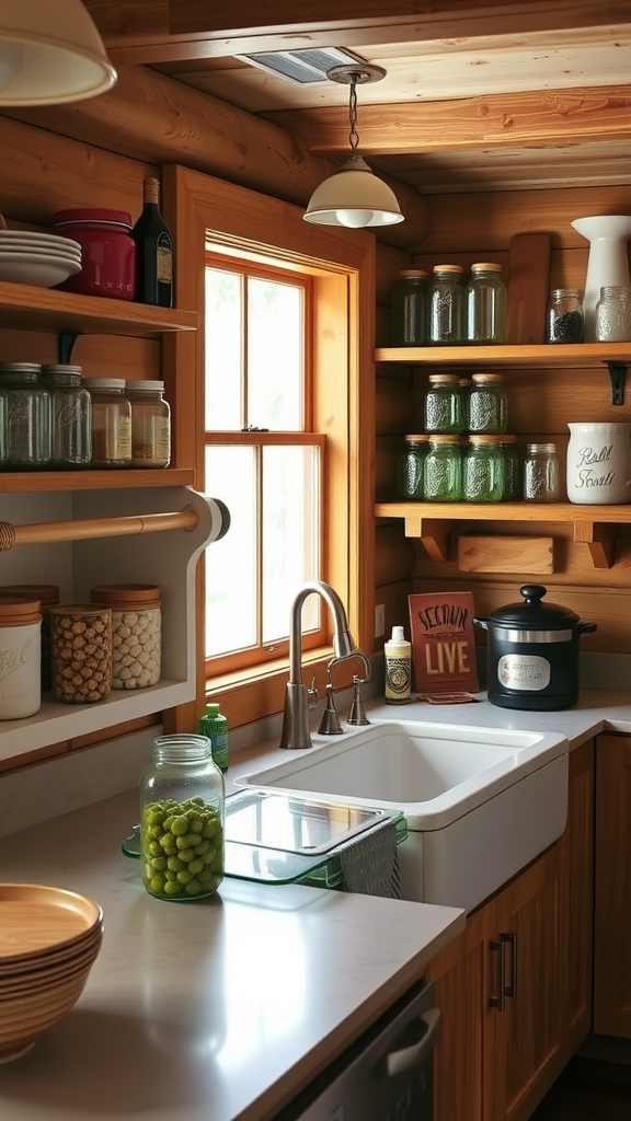 Log cabin kitchen featuring decorative mason jar storage on open shelves.