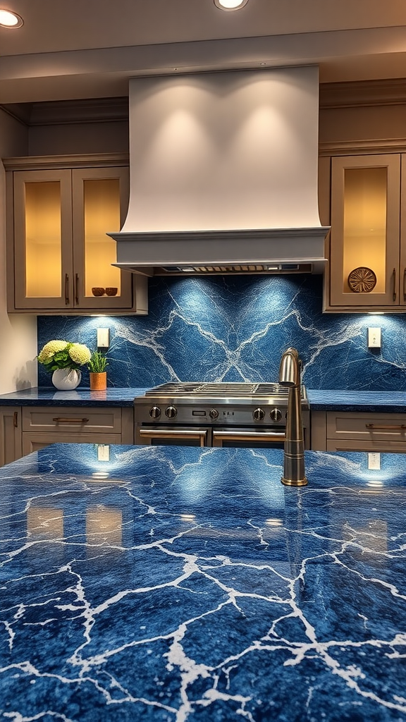 Kitchen with a deep blue granite slab countertop and backsplash featuring white marbling.