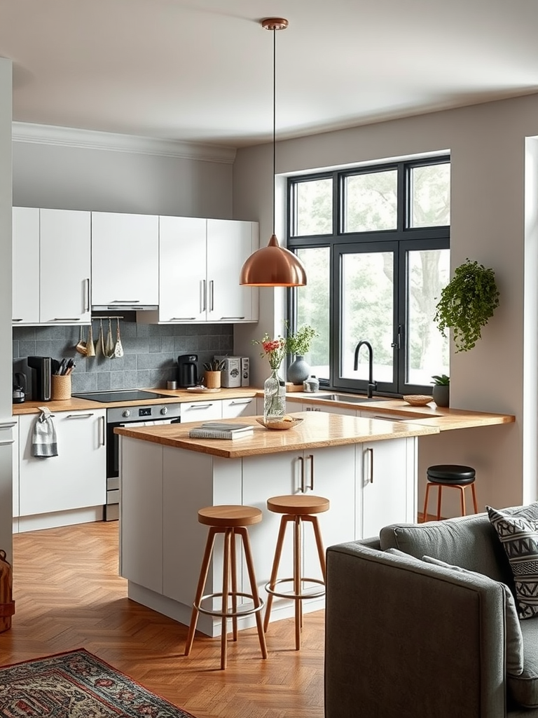 A small open concept kitchen living room with distinct rugs defining the spaces.