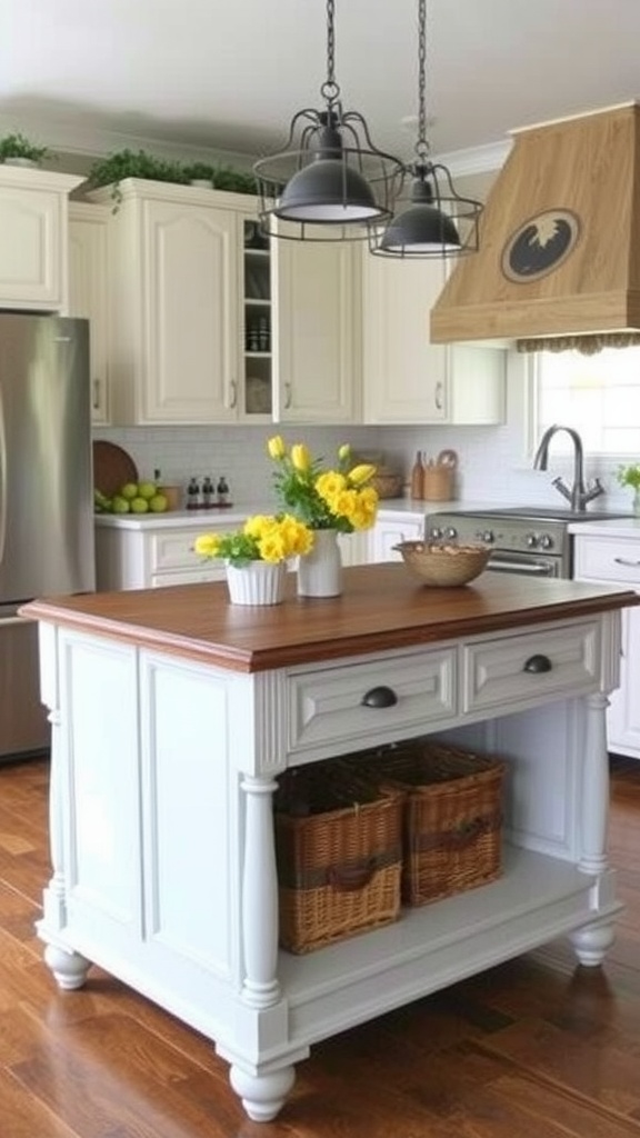 Farmhouse kitchen island made from upcycled furniture with a white finish and wooden countertop