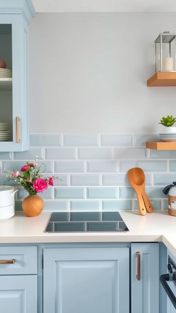 A bright kitchen featuring a light blue backsplash, white cabinetry, and a cozy atmosphere.