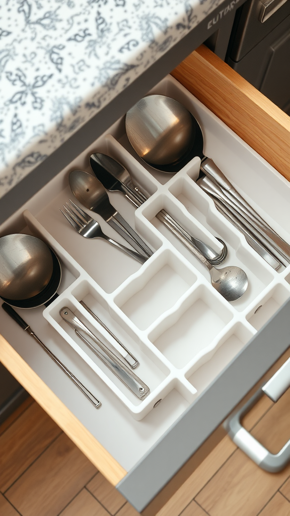 A neatly organized kitchen drawer with utensil dividers holding various utensils.