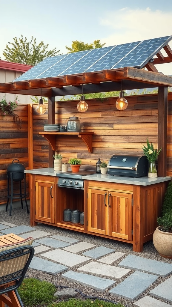 An eco-friendly outdoor kitchen with a solar panel, wooden countertops, and potted plants.