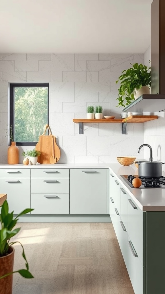 A modern kitchen featuring eco-friendly materials, light wood finishes, and a marble island.