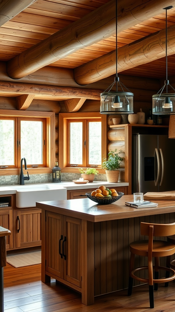 Cozy log cabin kitchen with wooden cabinets and natural light