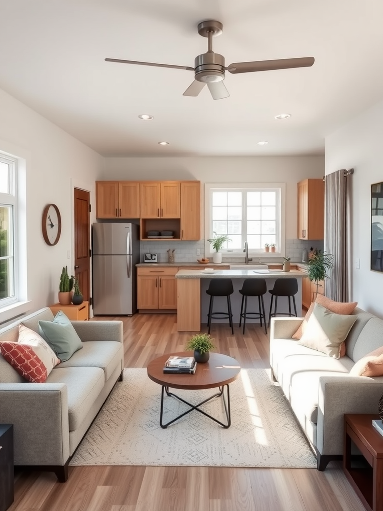 A small open concept kitchen and living room with modern design features.