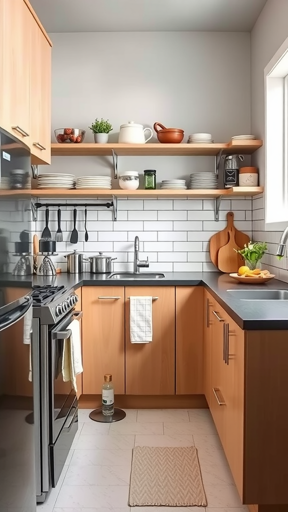 A minimalist kitchen with efficient work zones, featuring a stove, sink, and prep area closely arranged.