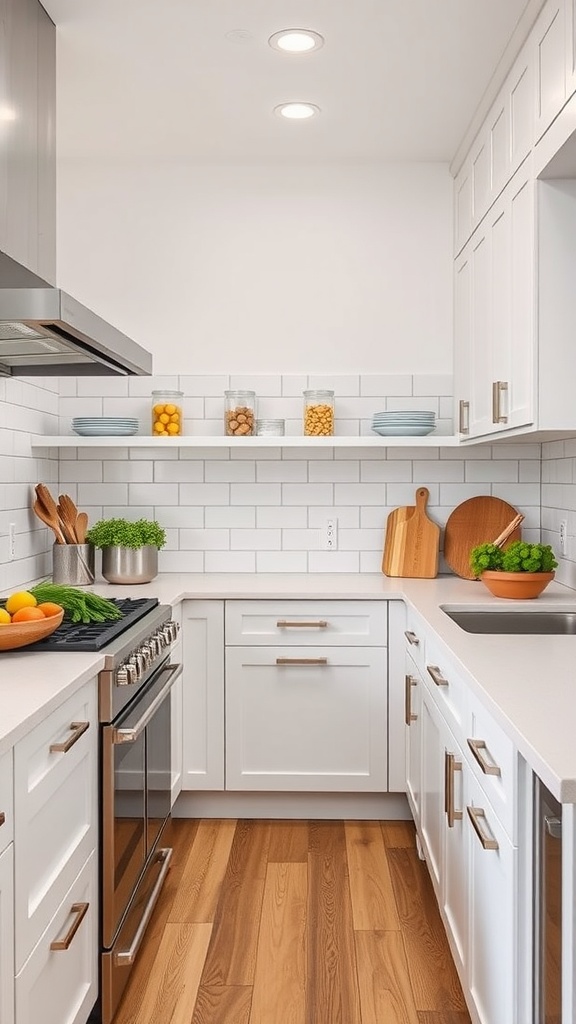 A modern kitchen with white cabinets, natural wood flooring, and a marble island.