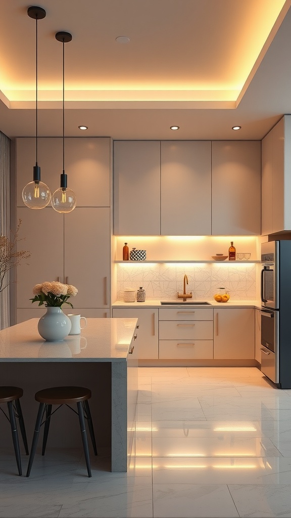 Modern beige kitchen with stylish lighting elements