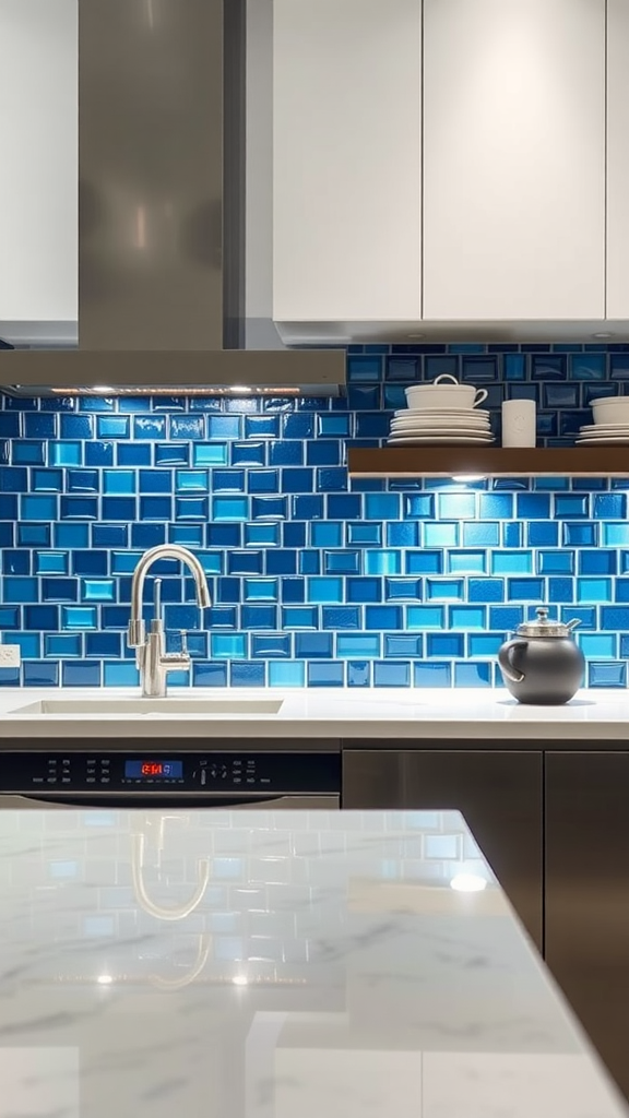 A kitchen backsplash with blue glass tiles, featuring a modern design and white cabinetry.