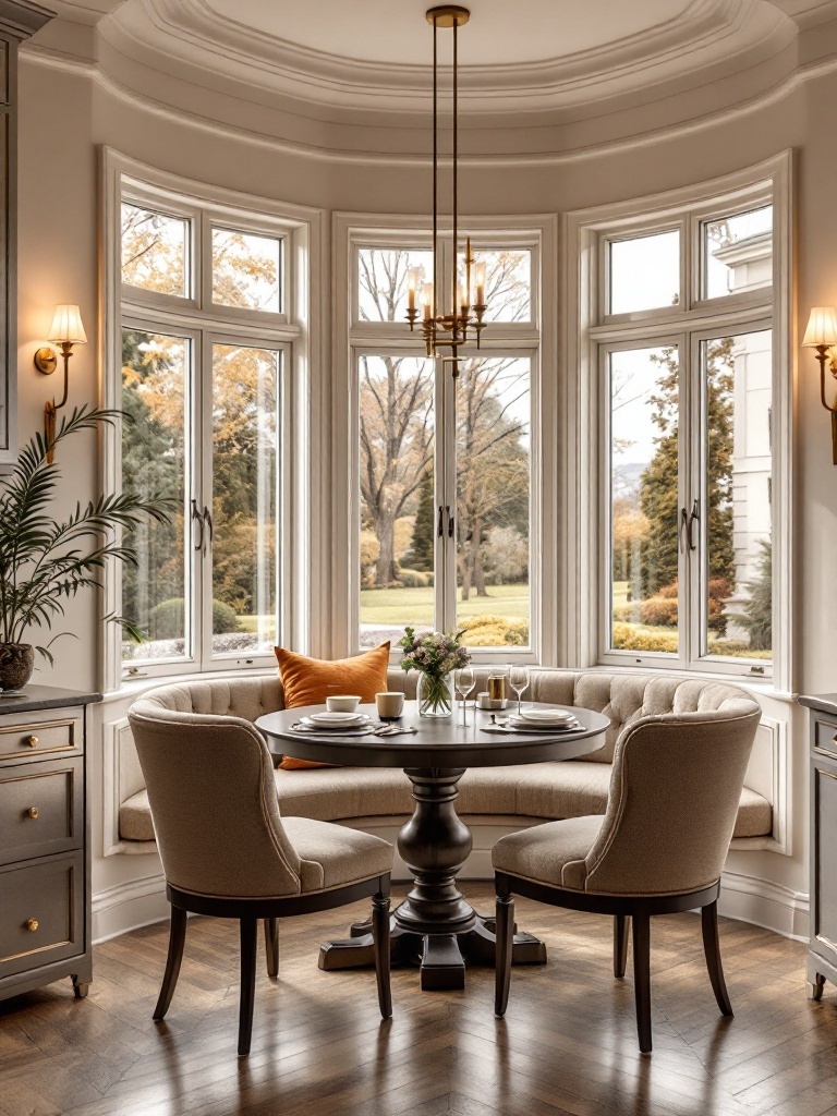 Cozy dining nook with a round table, soft chairs, and large windows.