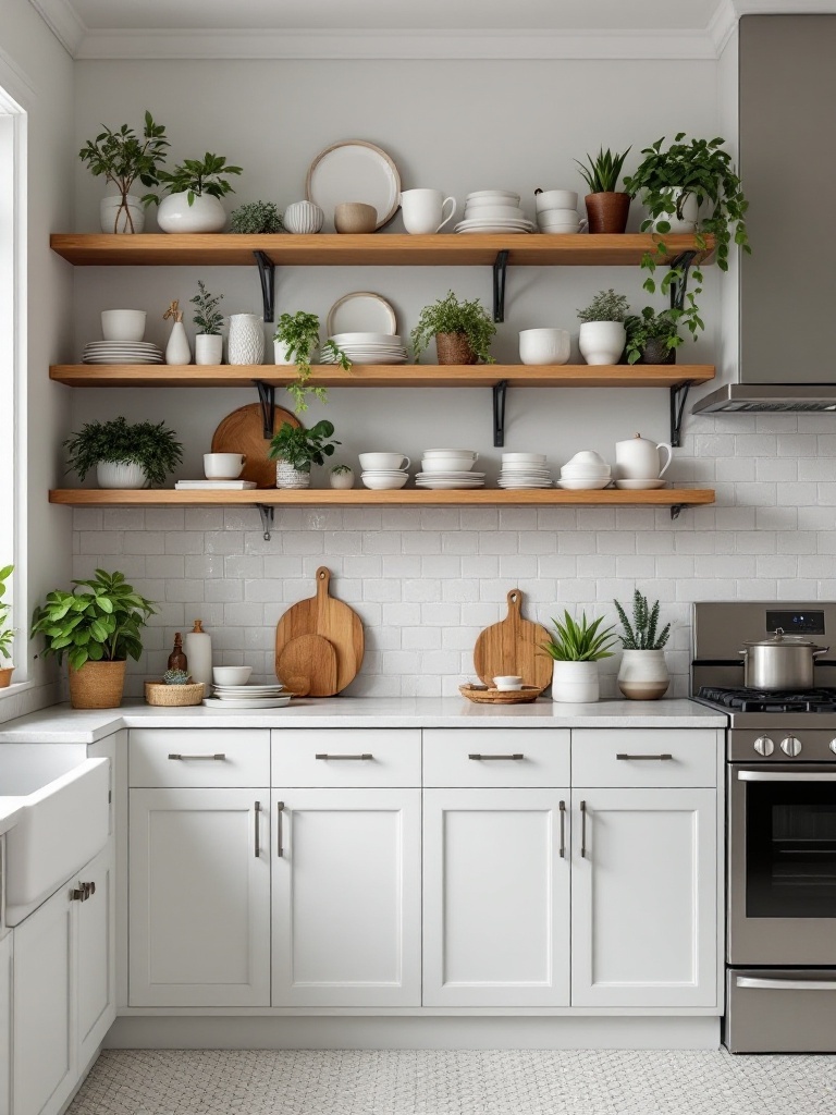 A kitchen featuring elegant open shelving with plants and dishware arranged neatly.