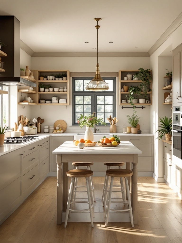 A bright family-friendly kitchen with an island and open layout, featuring plants and natural light.