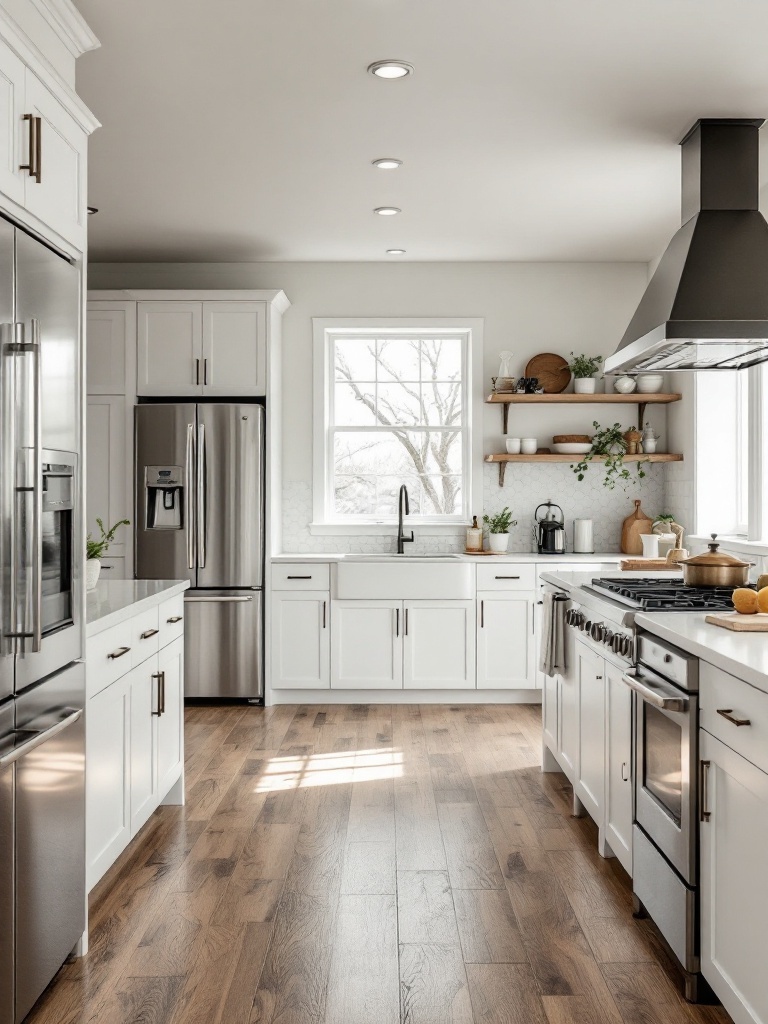 A modern farmhouse kitchen featuring sleek white cabinets, stainless steel appliances, and warm wooden flooring.