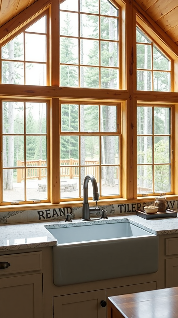 A cozy log cabin kitchen featuring a farmhouse sink, large windows, and natural wood elements.