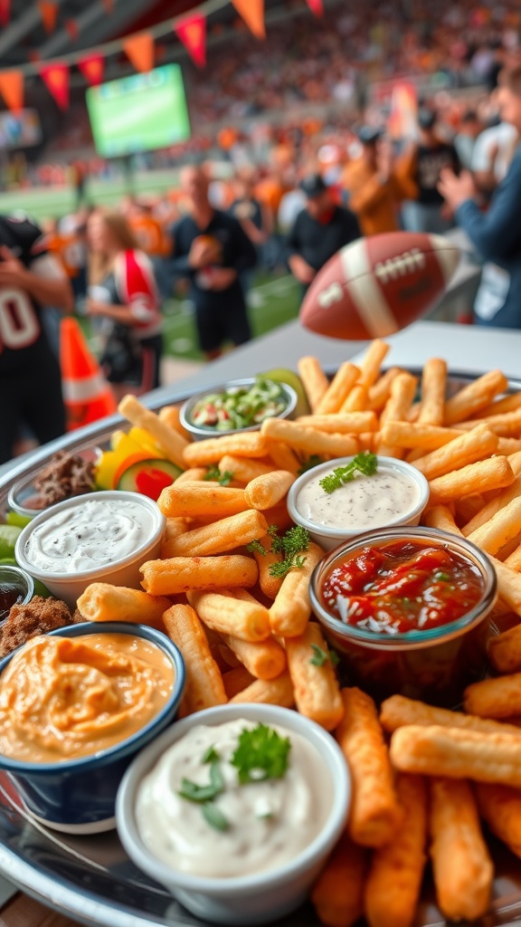 A platter of finger foods including fries and various dips for game day.