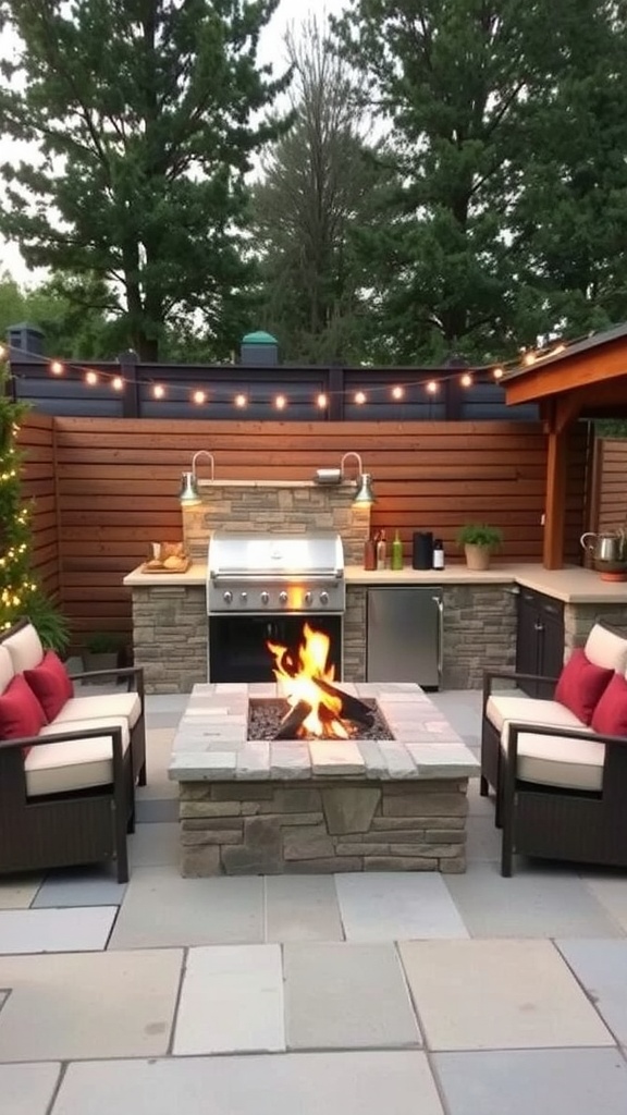 An outdoor kitchen featuring a fire pit, grill, and comfortable seating area.