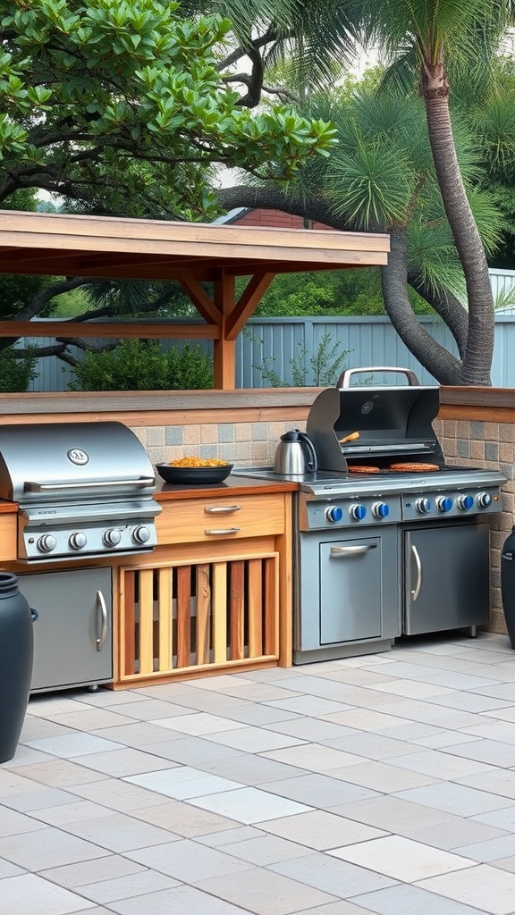 A small outdoor kitchen featuring a grill, stovetop, and wooden cabinetry surrounded by palm trees.