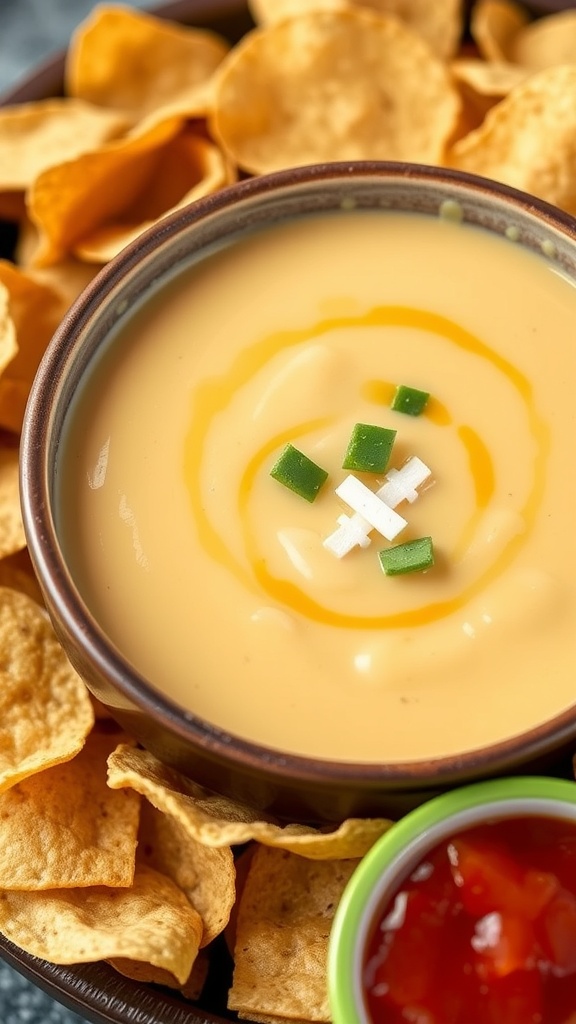 Creamy cheese dip in a bowl, surrounded by tortilla chips