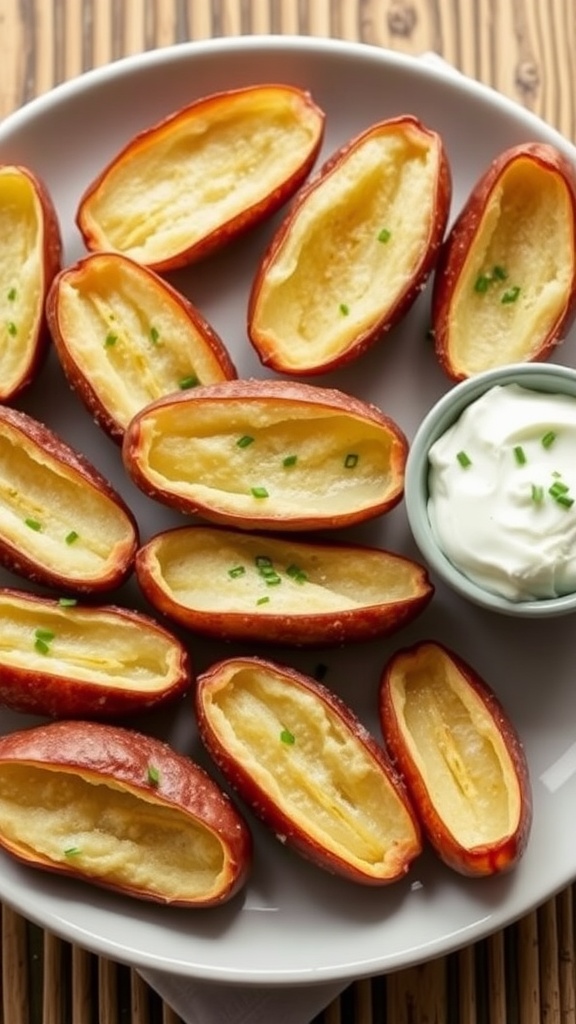 A plate of crispy potato skins topped with cheese and chives, served with sour cream.