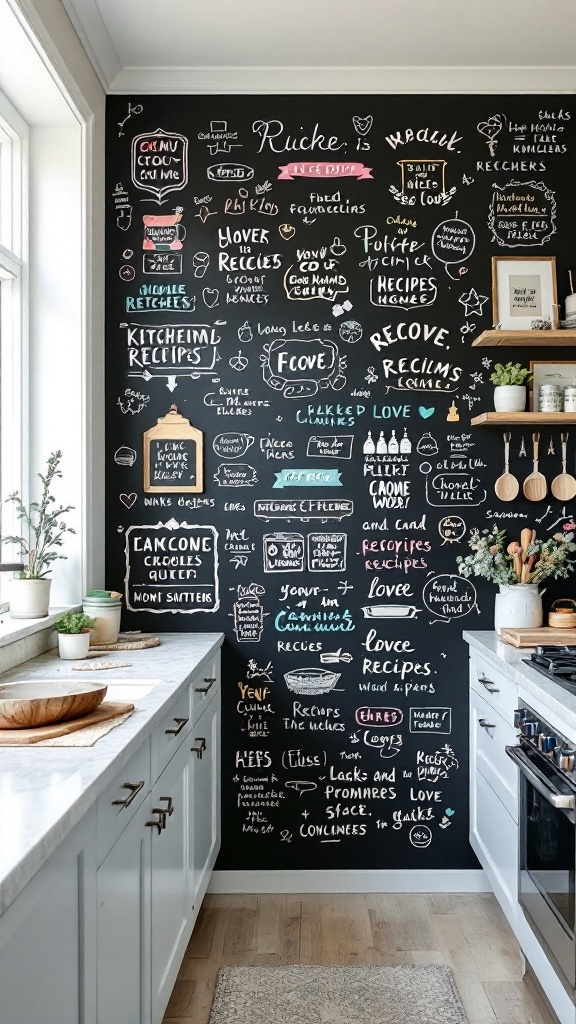 A kitchen with a chalkboard wall filled with colorful notes, recipes, and doodles.