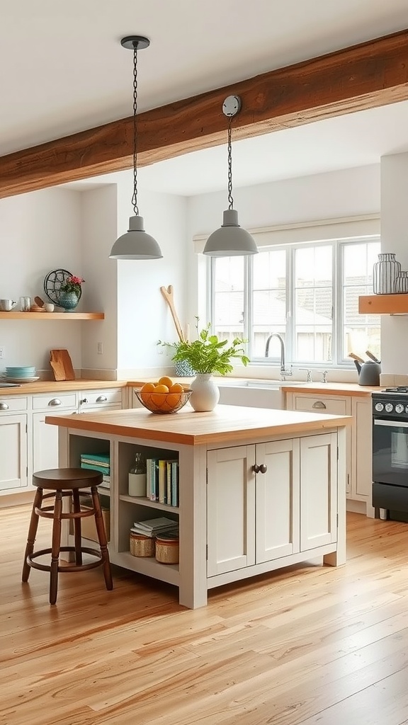 A cozy cottage-style kitchen featuring a functional island with a wooden countertop, open shelves, and fresh fruit on top.